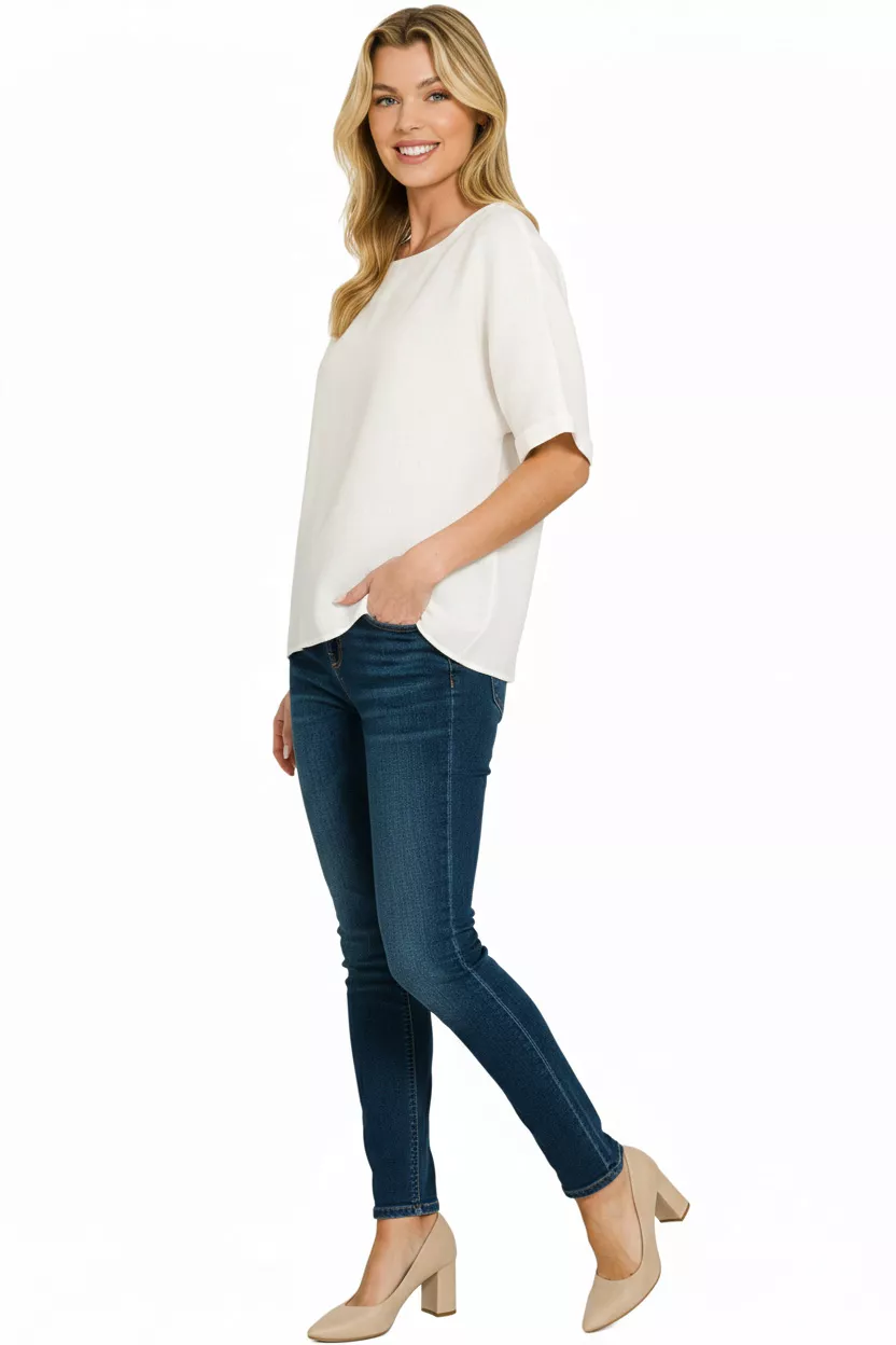 Linen Round Neck Cuffed Sleeve Top, image 3