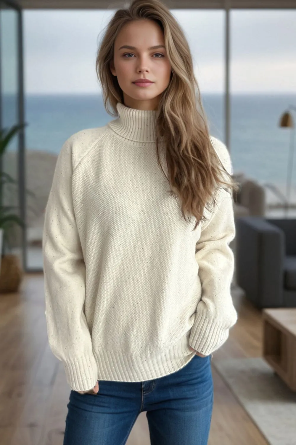 Ribbed Turtleneck Raglan Sleeve Sweater, image 2