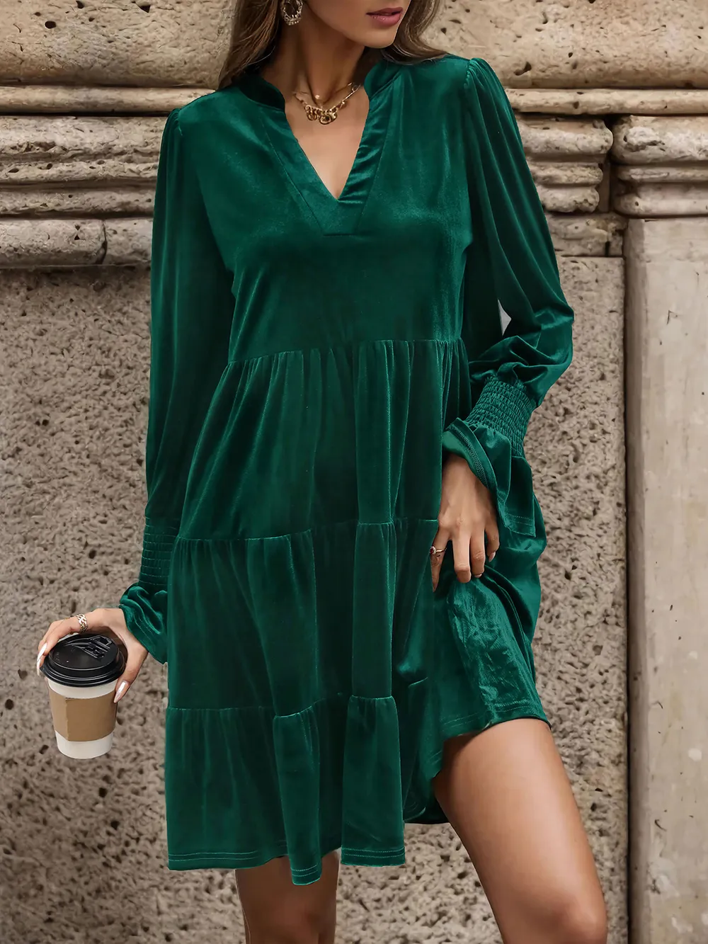 Notched Long Sleeve Tiered Dress, image 5
