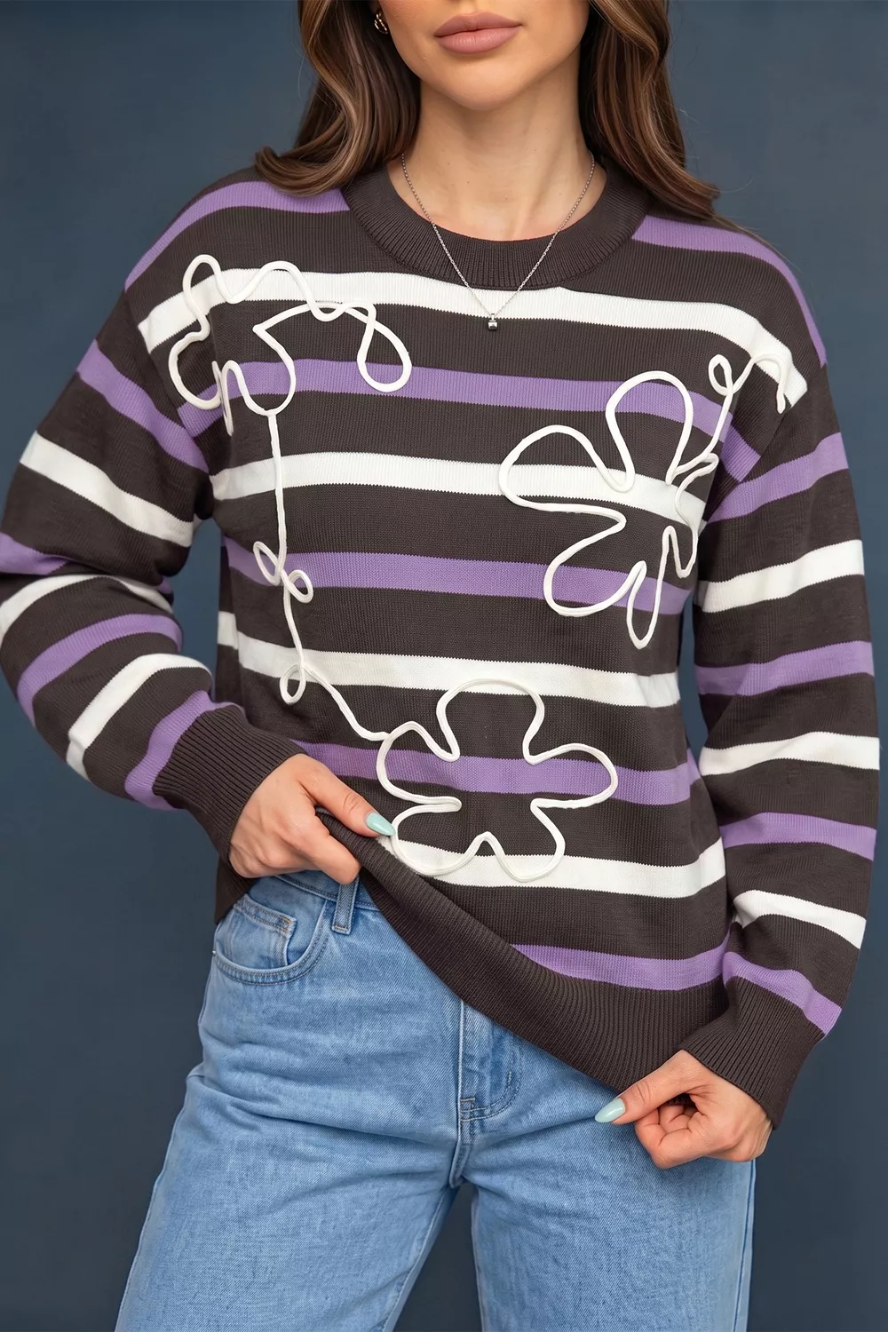 Stripe Embroidered Detail Drop Shoulder Sweater, image 2