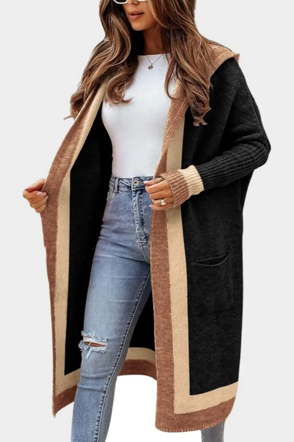 Pocketed Contrast Long Sleeve Hooded Cardigan, image 12