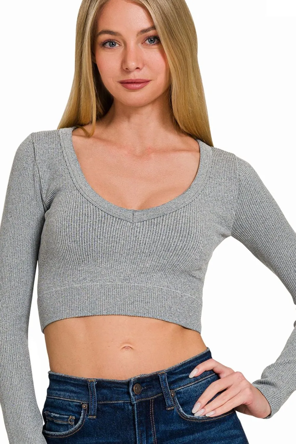 Seamless Fitted Rib V-neck Long Sleeve Crop Top, image 3