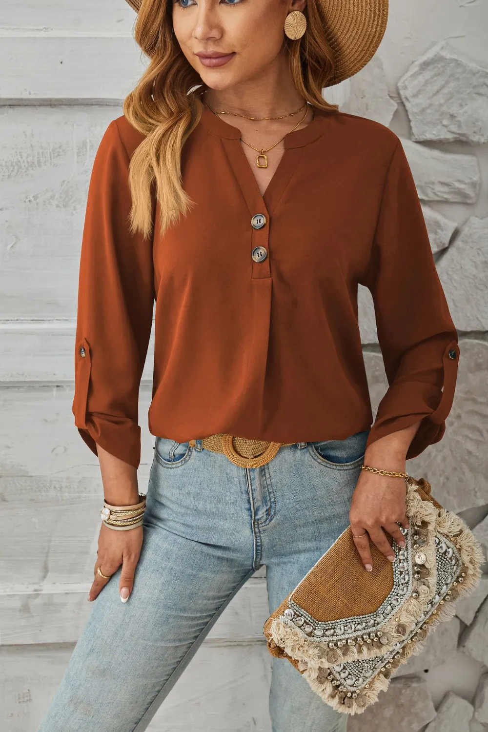 Decorative Button Notched Long Sleeve Blouse, image 10