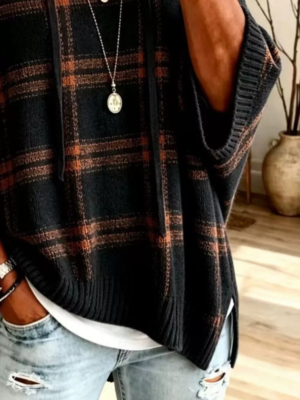 Plaid Hooded Knit Sweater, image 16