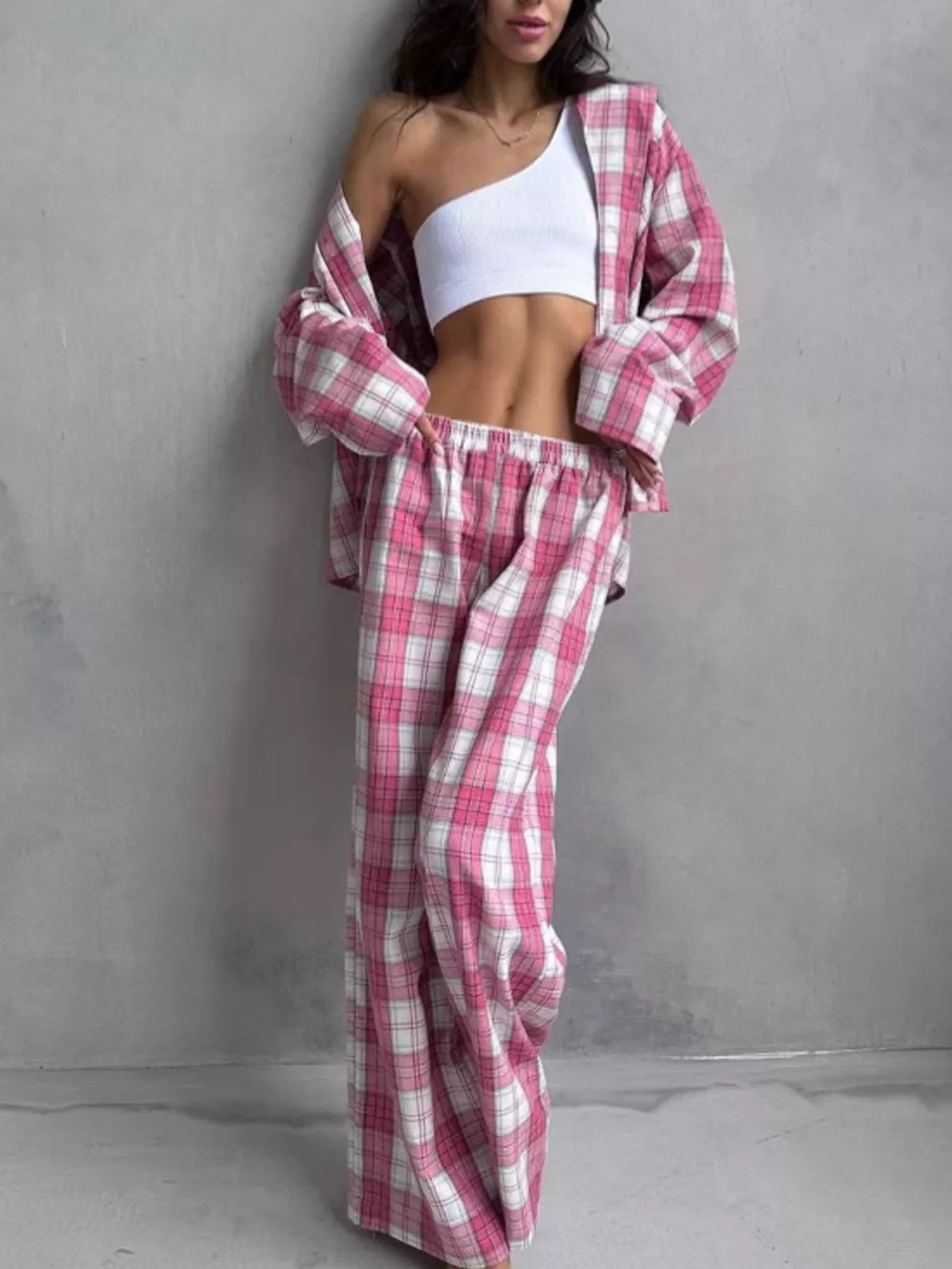 Plaid Long Sleeve Shirt and Pants Set