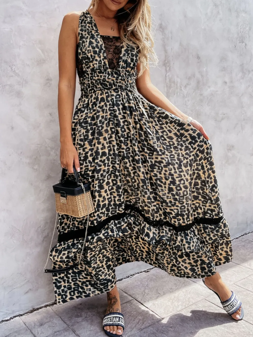 Leopard Print Sleeveless Maxi Dress with Lace Trim, image 2