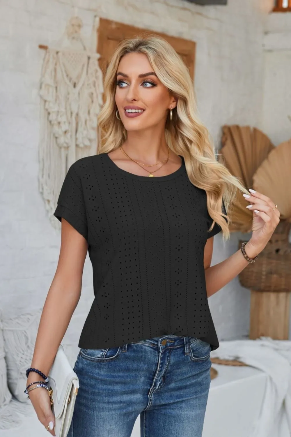 Eyelet Round Neck Rolled Short Sleeve T-Shirt, image 21