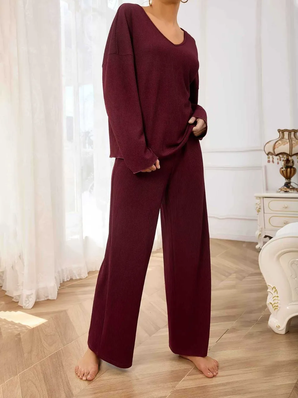 V-Neck Long Sleeve Top and Wide Leg Pants Set, image 3