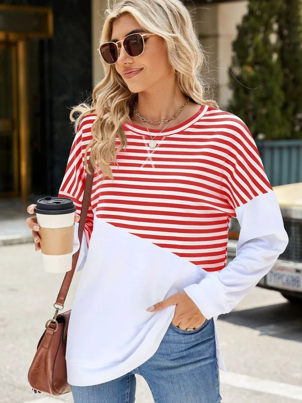 Slit Contrast Striped Long Sleeve Sweatshirt, image 6