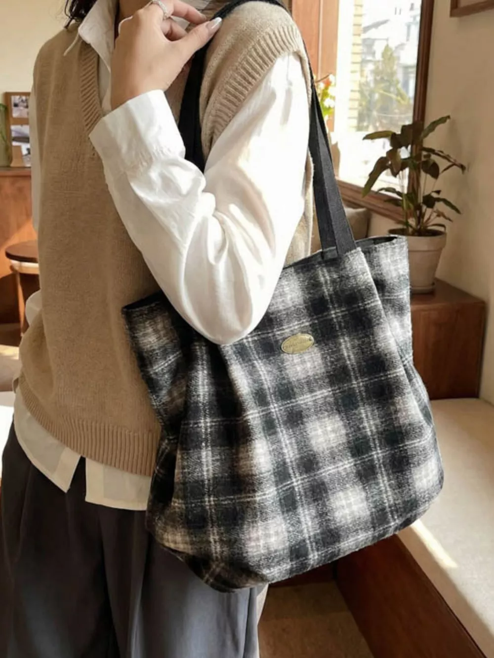 Plaid Pattern Casual Tote Bag, image 5