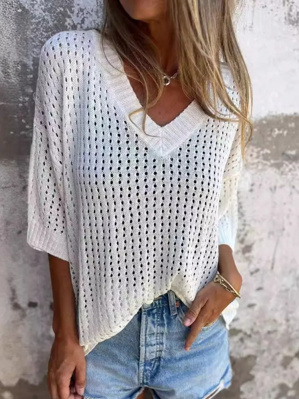 Full Size Openwork V-Neck Knit Cover Up Plus Size, image 6
