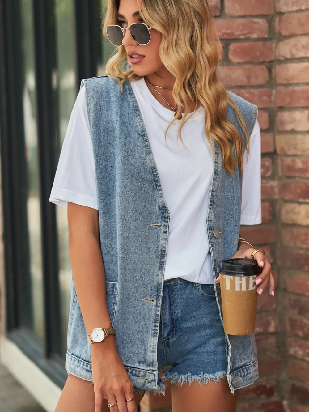 Full Size V-Neck Button Up Denim Vest, image 12