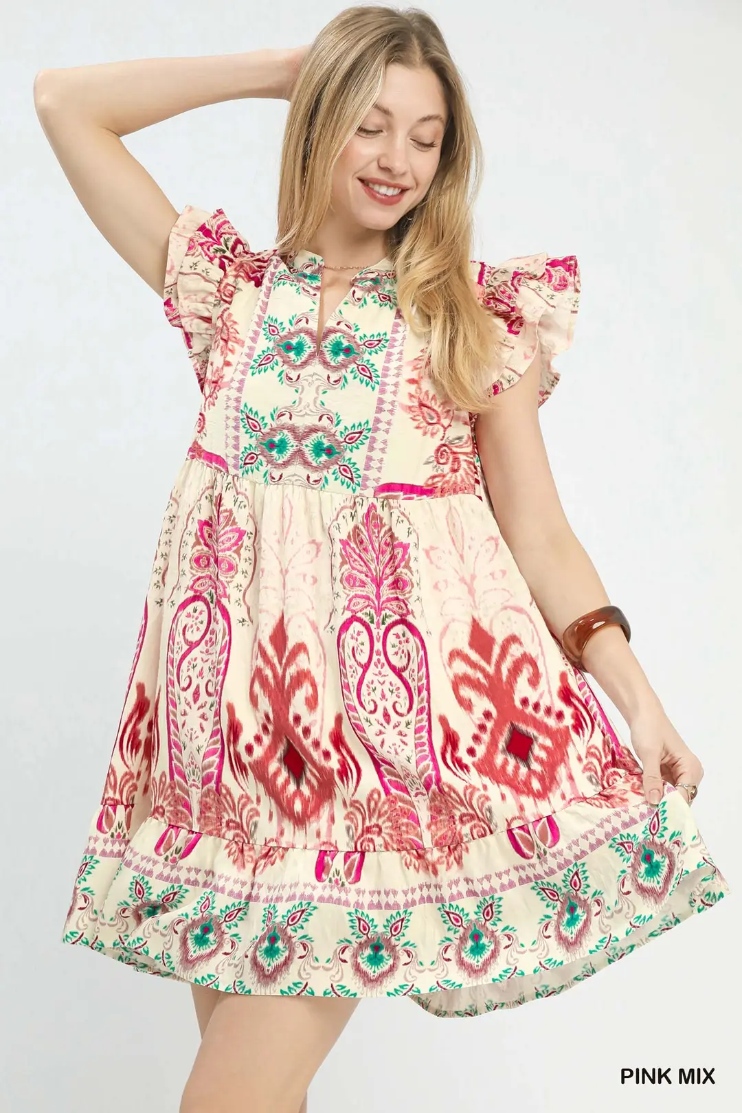 Mix Ruffle Sleeve Boho Print Dress