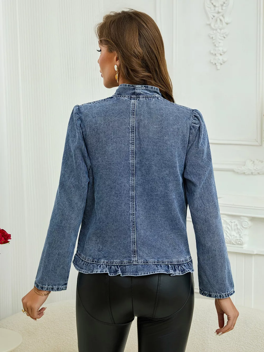 Plus Size Ruffled Trim Open Front Denim Jacket, image 5