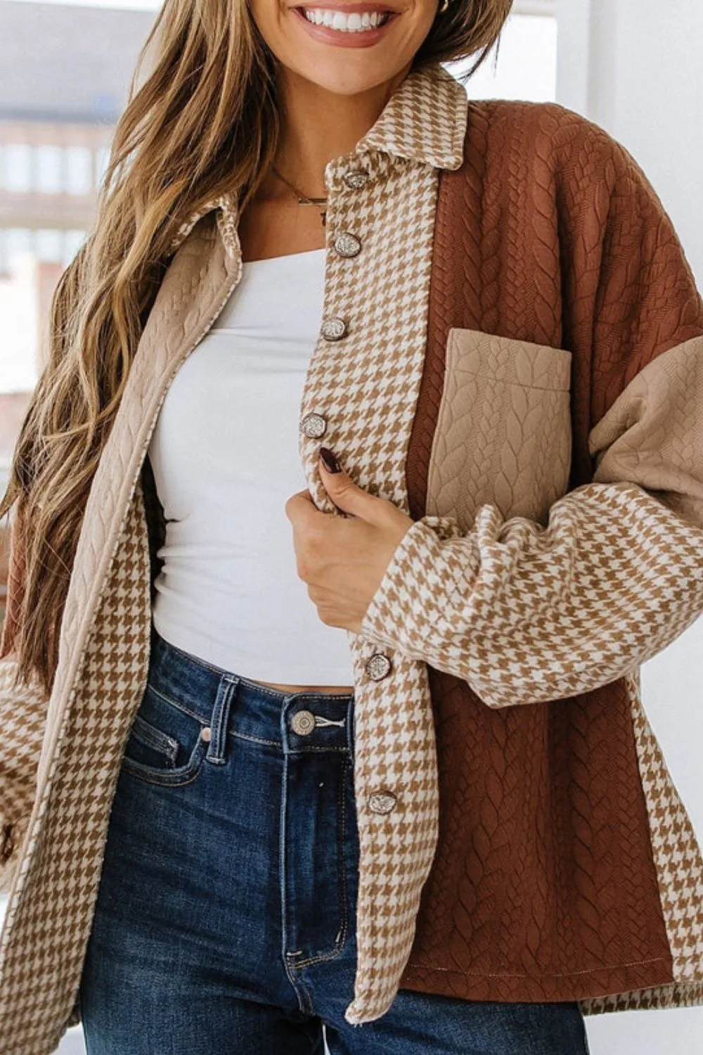 Color Block Houndstooth Collared Neck Shacket, image 8