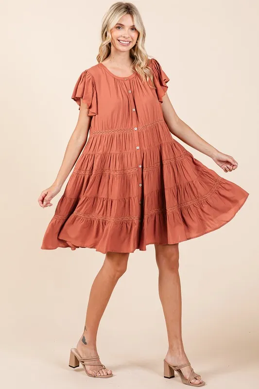 Lace Detail Ruffled Button Down Tiered Dress, image 7