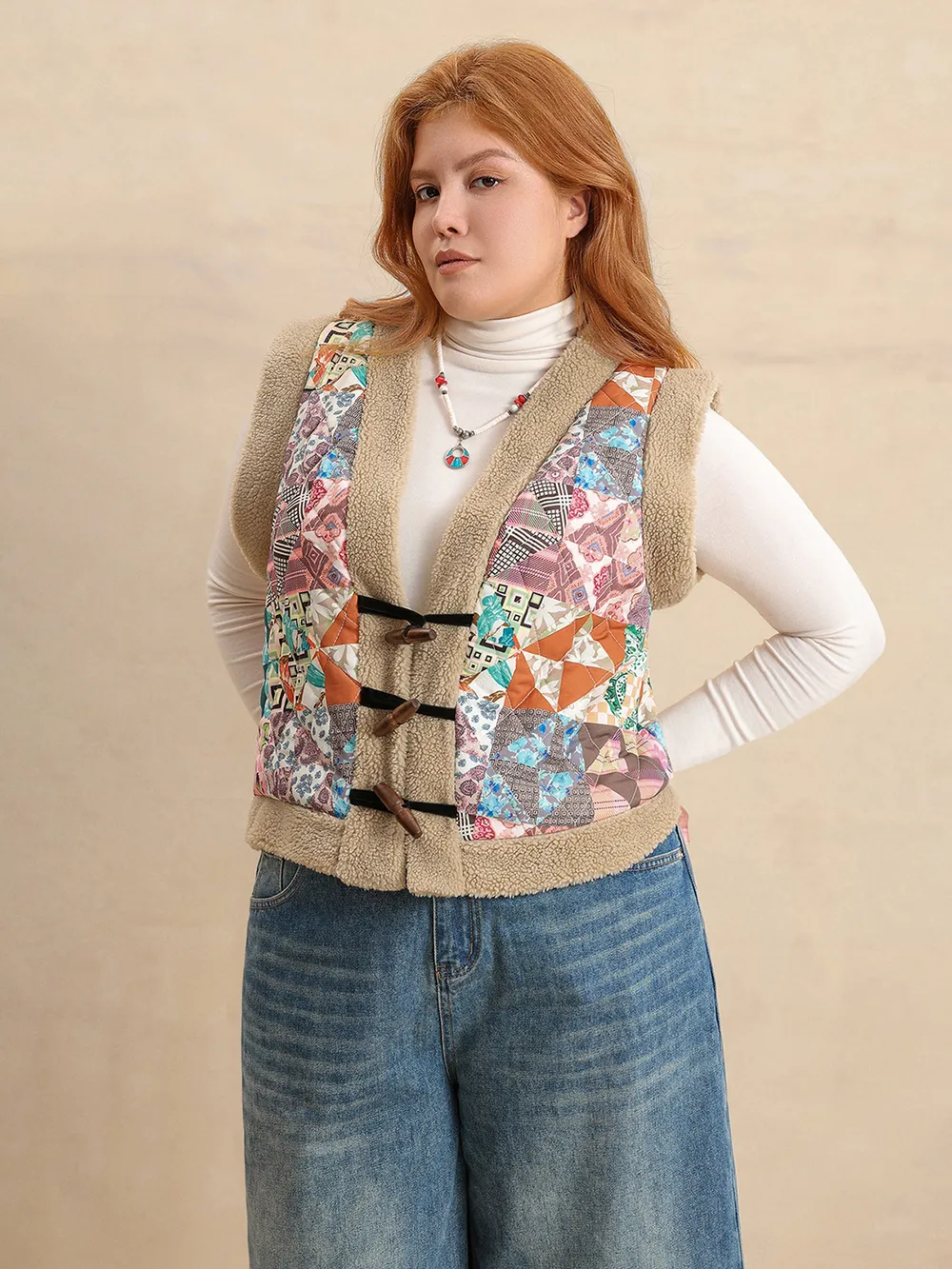 Plus Size Printed Sherpa Vest Coat, image 7
