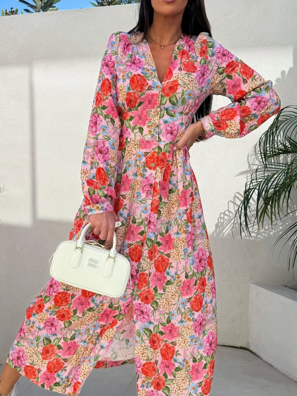 Floral Print Long Sleeve V-Neck Dress, image 2