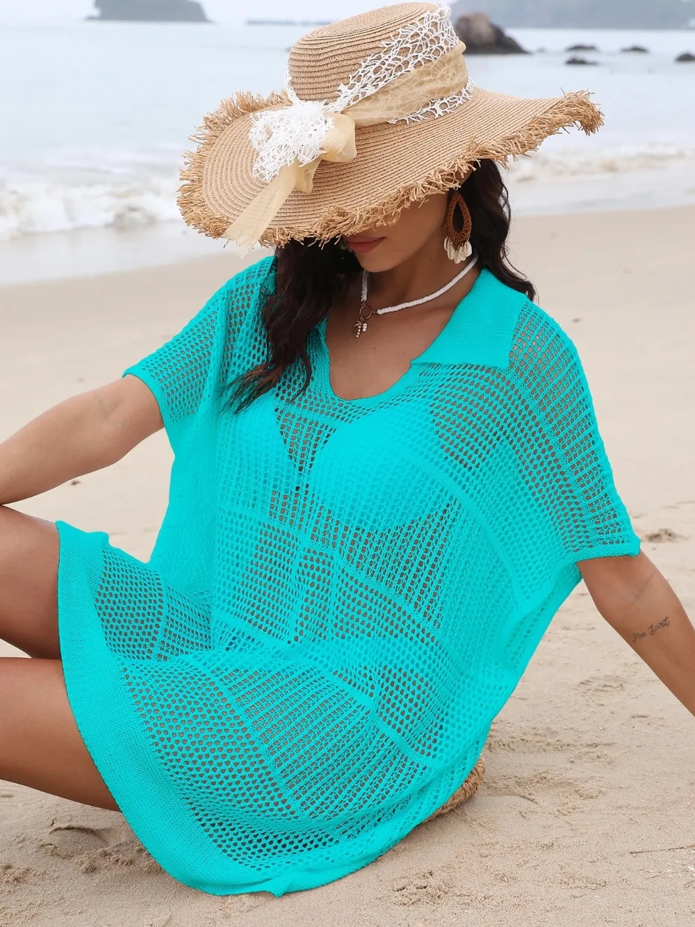 Hollow Out Collared Neck Cover-Up