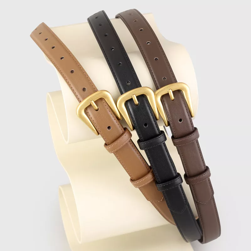 Skinny Leather Belt with Golden Buckle, image 2