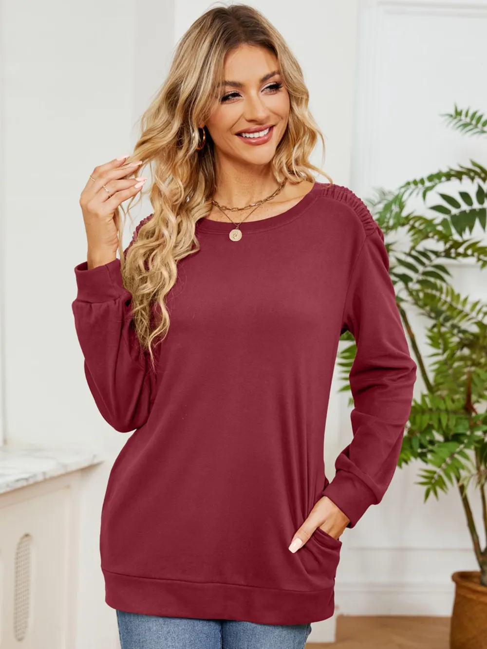 Ruched Shoulder Round Neck Long Sleeve Sweatshirt, image 6