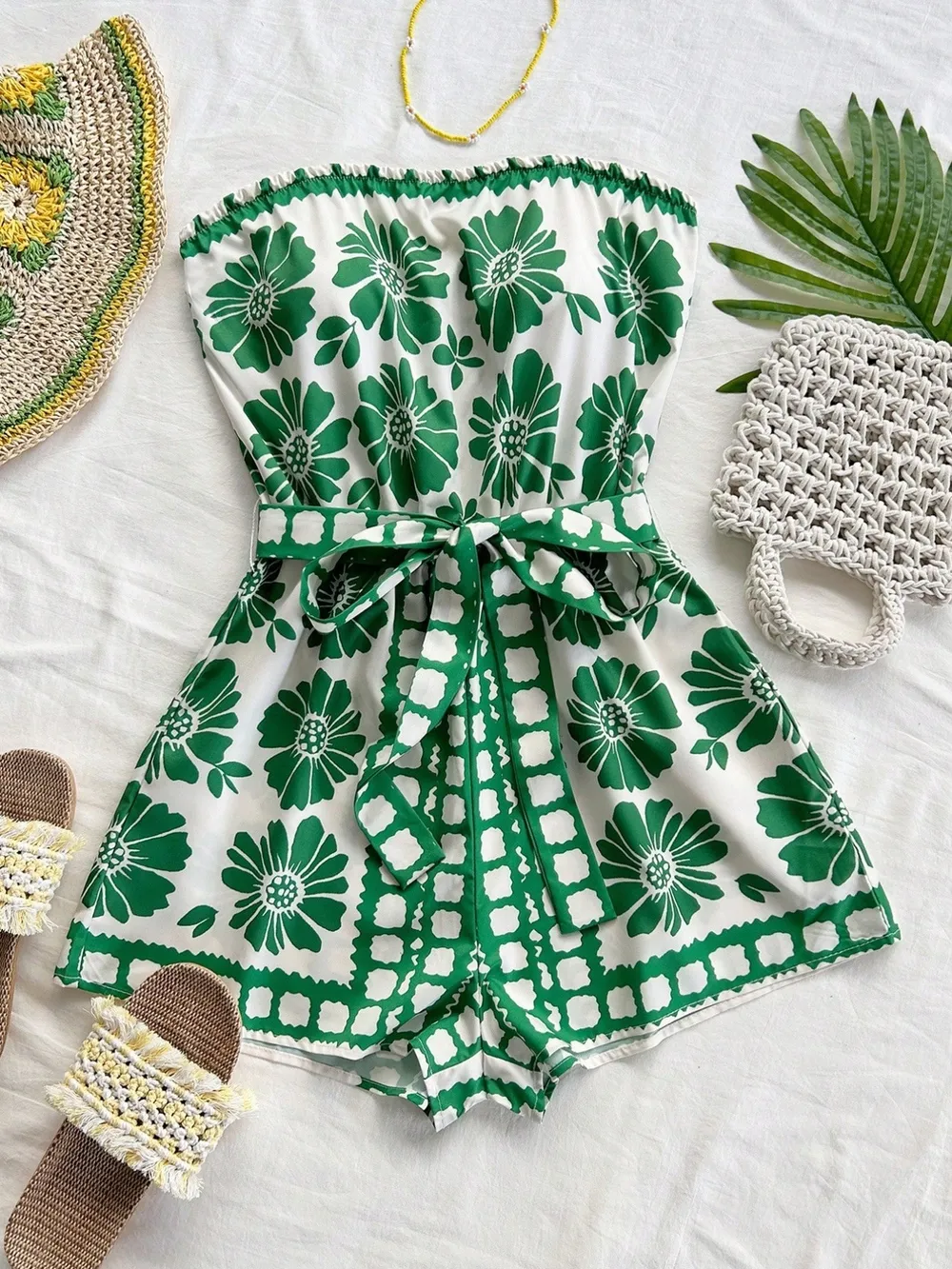 Printed Tube Tie Waist Romper, image 11