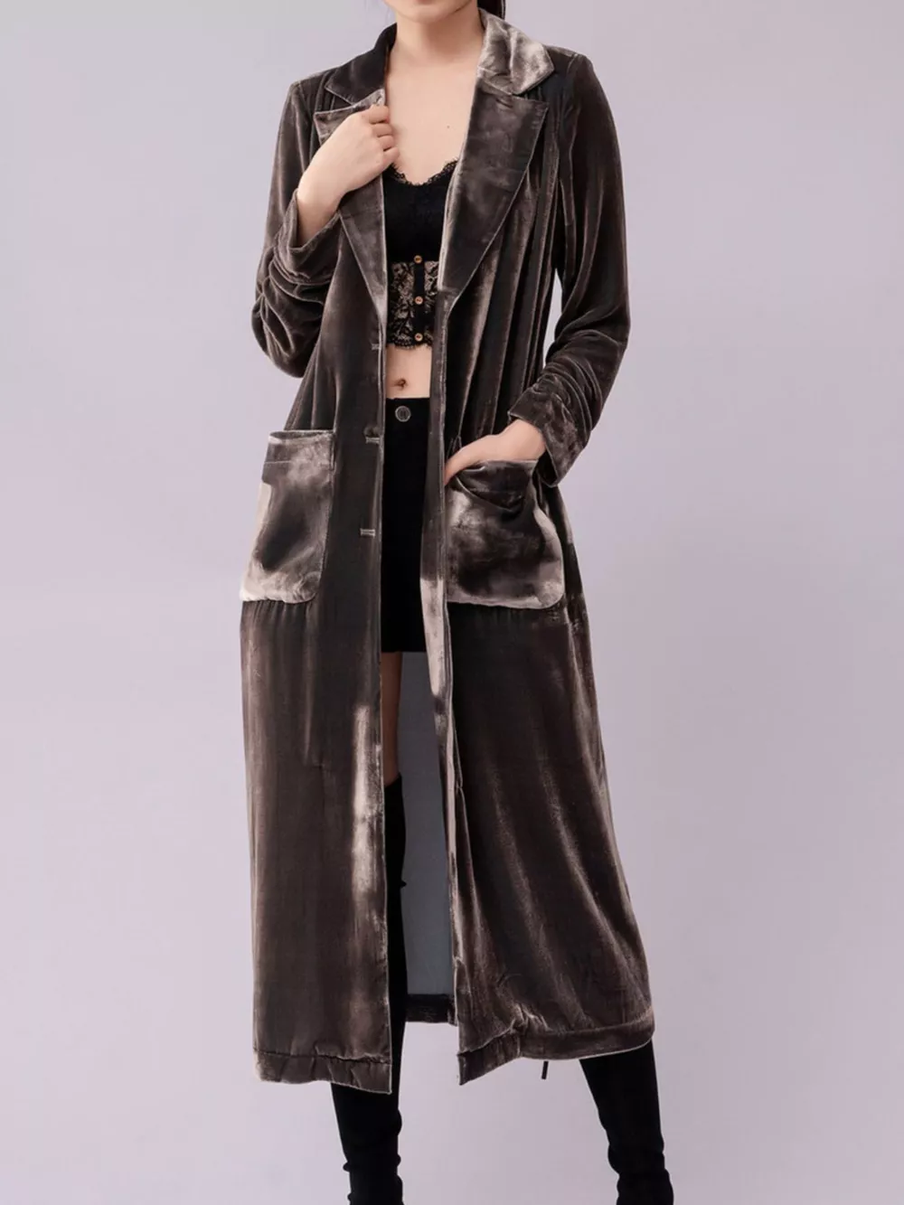 Velvet Lapel Collar Longline Coat, image 2