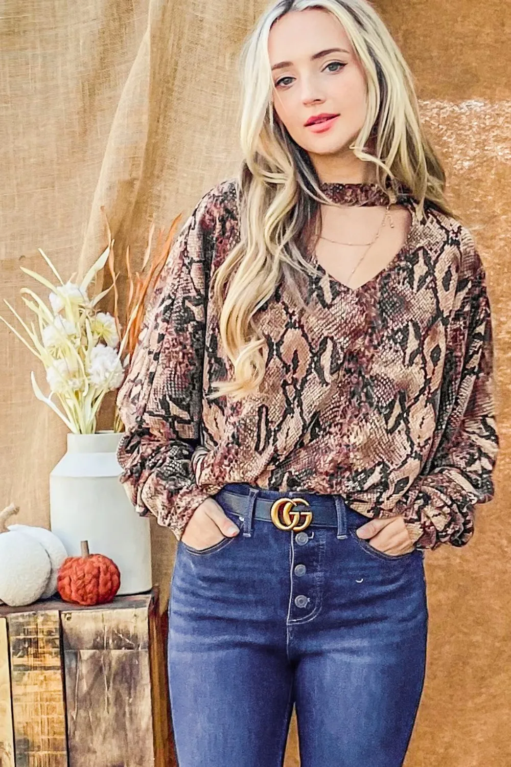 Choker Neck Dolman Sleeve Snake Print Top, image 3