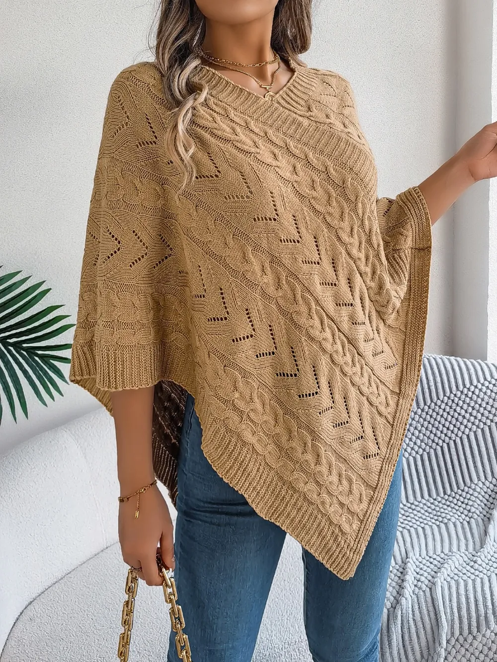 Cable-Knit Openwork Three-Quarter Sleeve Sweater, image 11