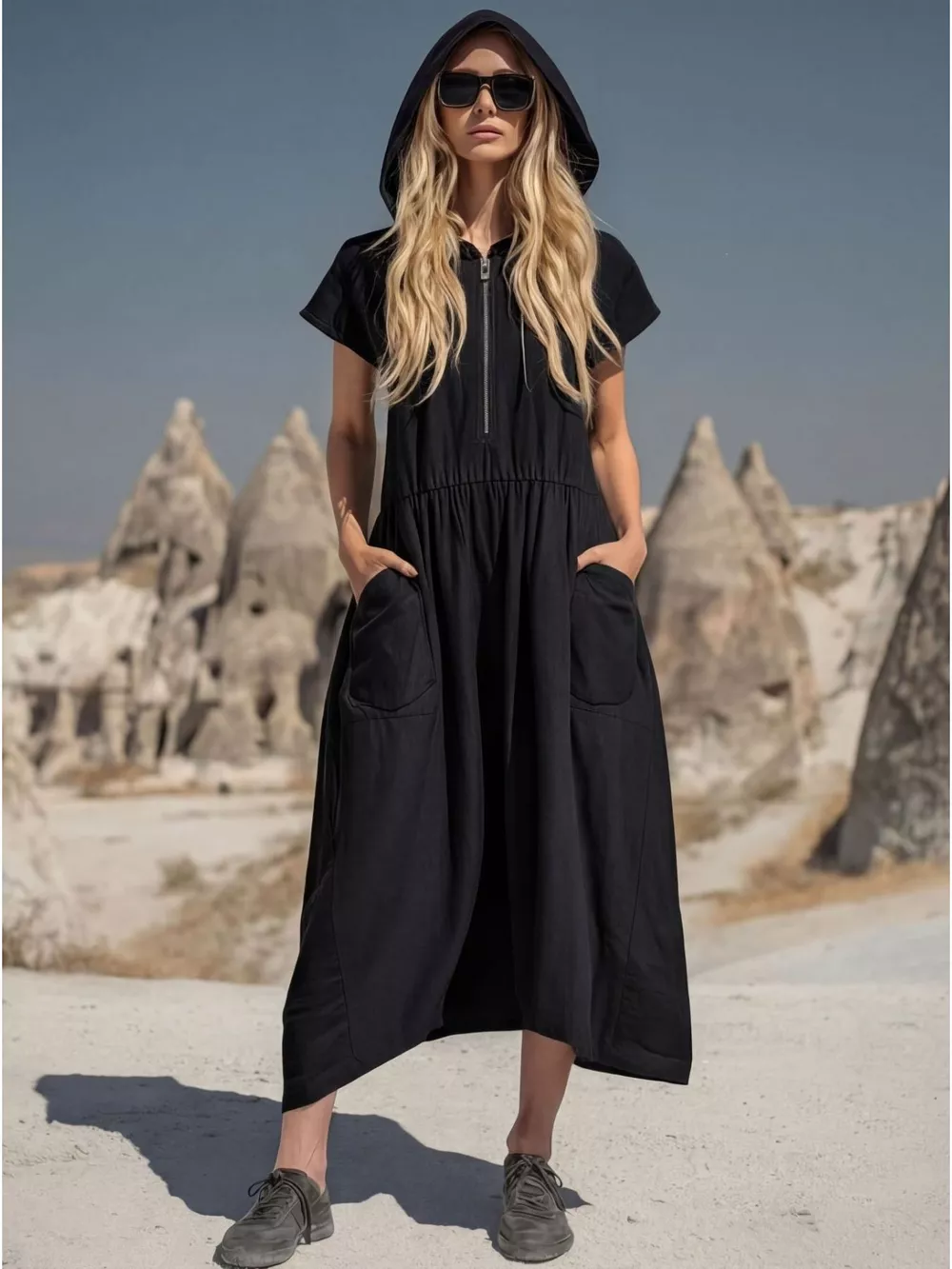 Full Size Hooded Midi Dress with Zipper and Pockets Plus Size, image 8