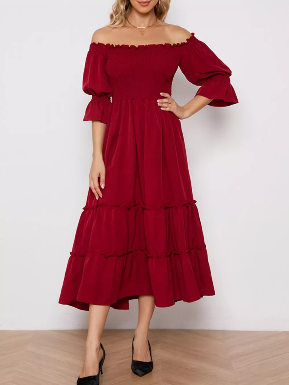 Smocked Off-Shoulder Ruffle Hem Midi Dress, image 7