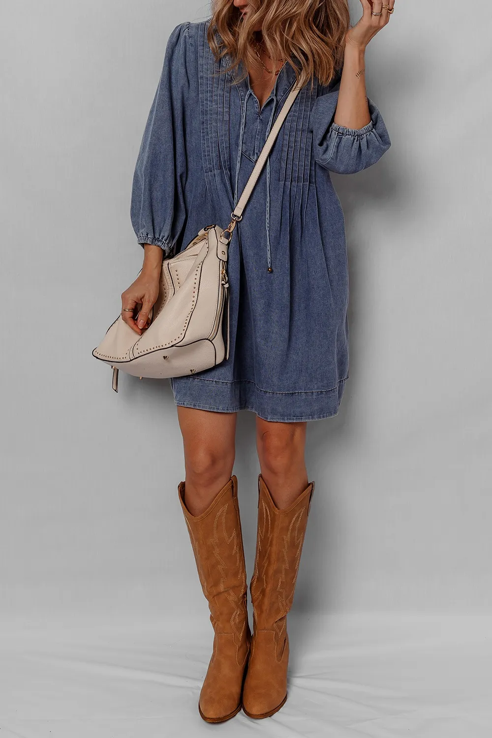Tie Neck Long Sleeve Mini Denim Dress, image 7