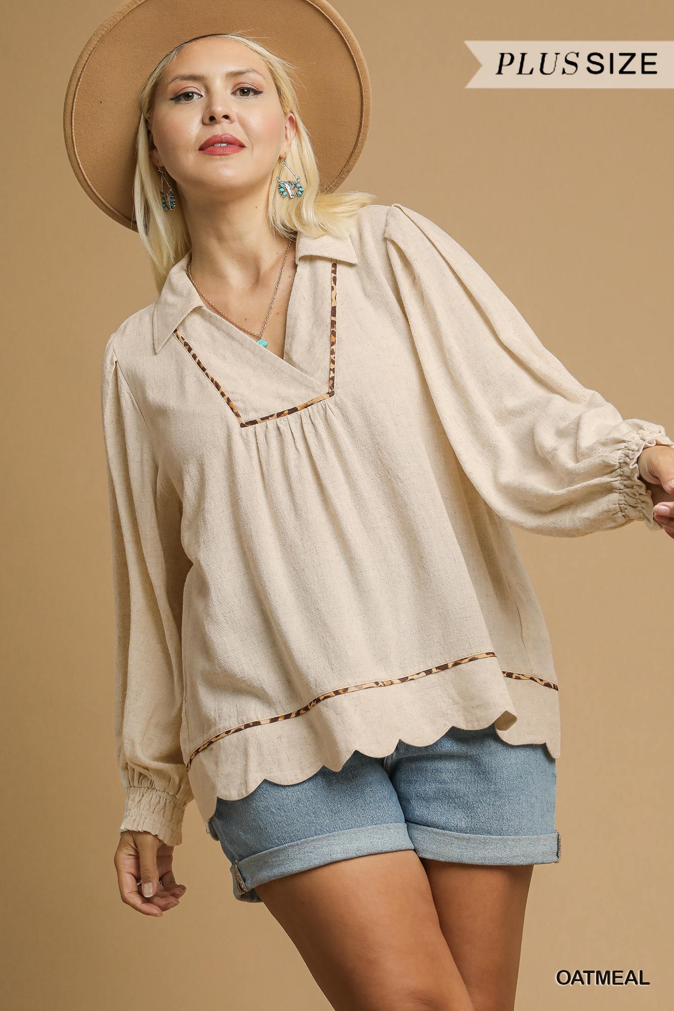 Full Size Linen Scallop Hem Blouse with Contrast Trim Plus Size, image 6