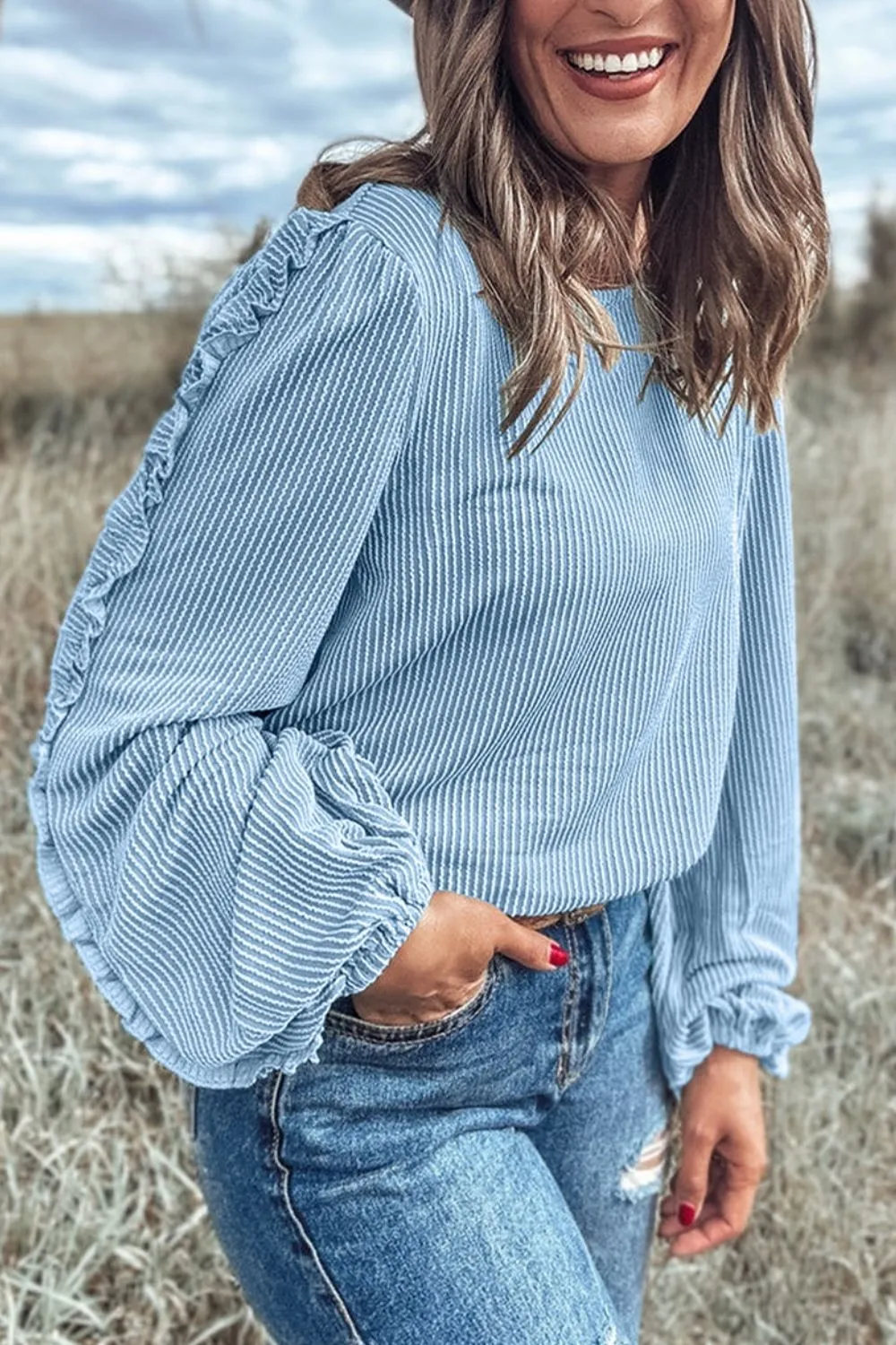Frill Texture Round Neck Long Sleeve Sweatshirt, image 9