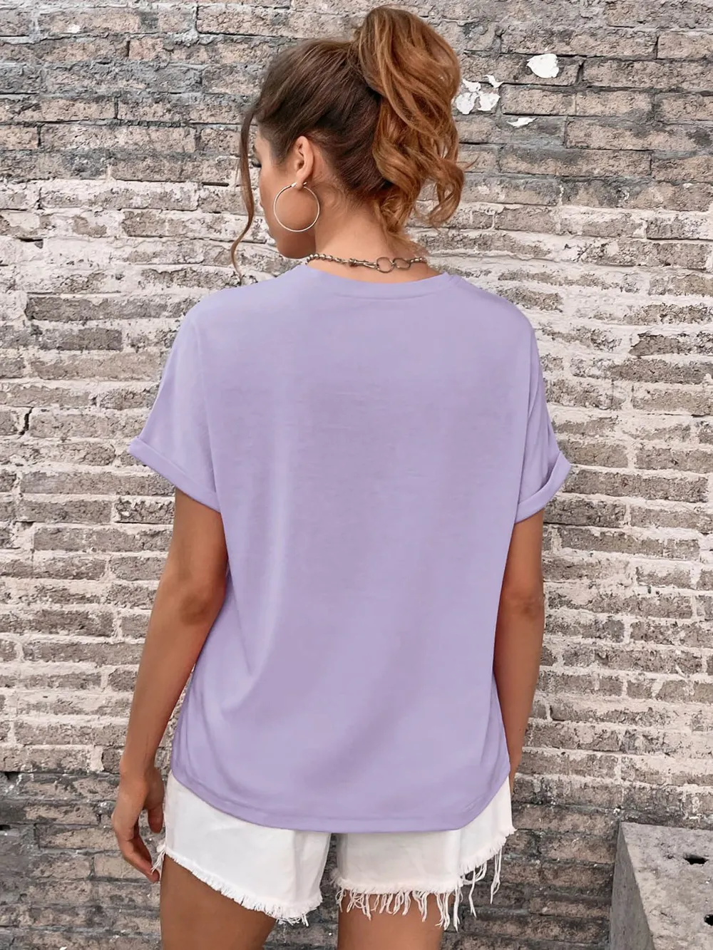 Round Neck Cuffed Sleeve T-Shirt, image 2