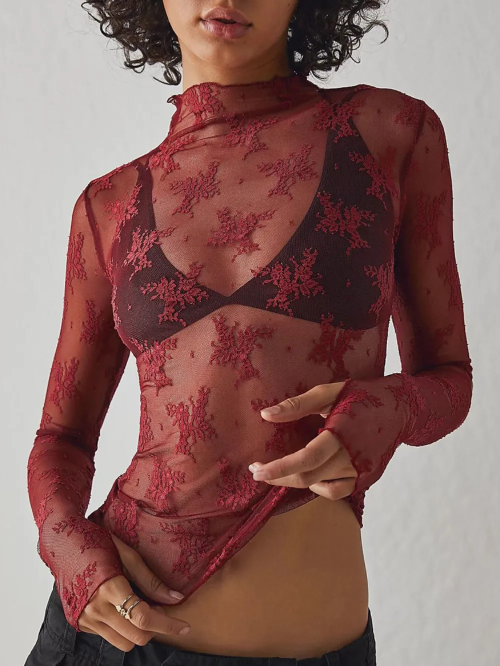 Lace Mock Neck Long Sleeve Blouse, image 22