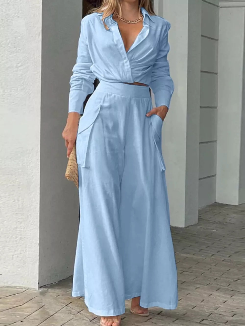 Long Sleeve Shirt and Wide Leg Pants Set, image 2