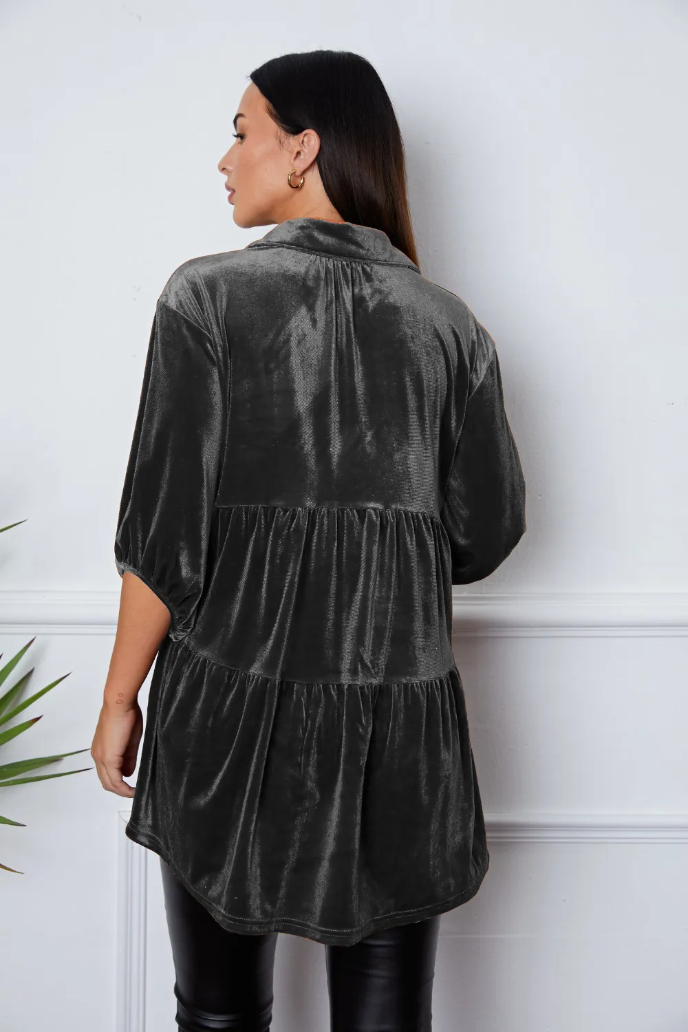 Velvet Tiered Button Up Collared Neck Shirt, image 16