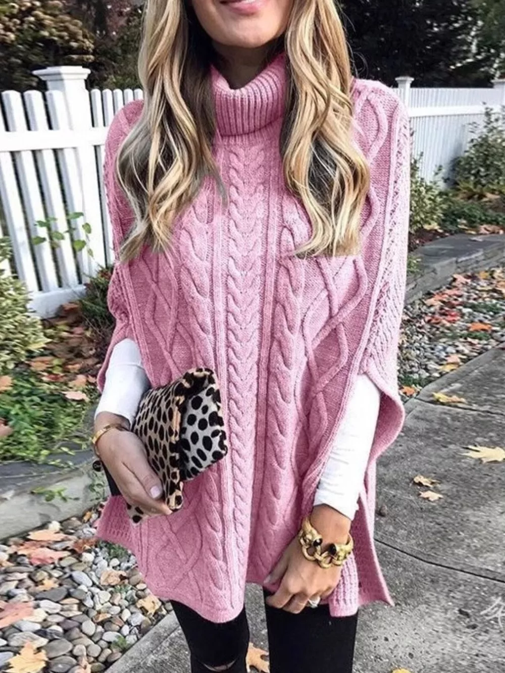 Chunky Cable Knit Turtleneck Poncho Cover Up, image 12
