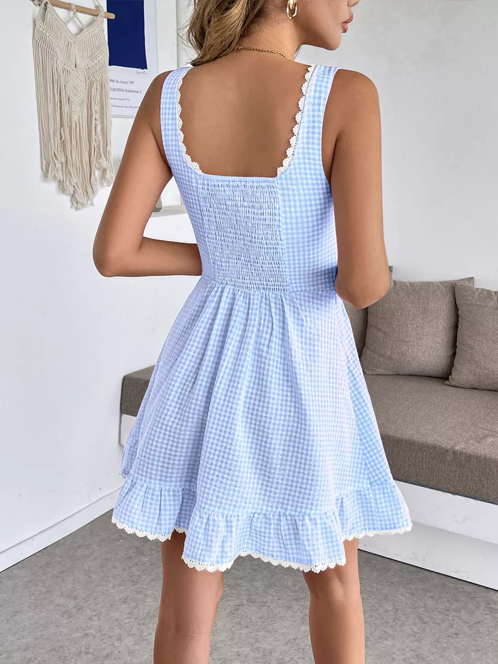 Gingham Lace Trim Mini Dress, image 5