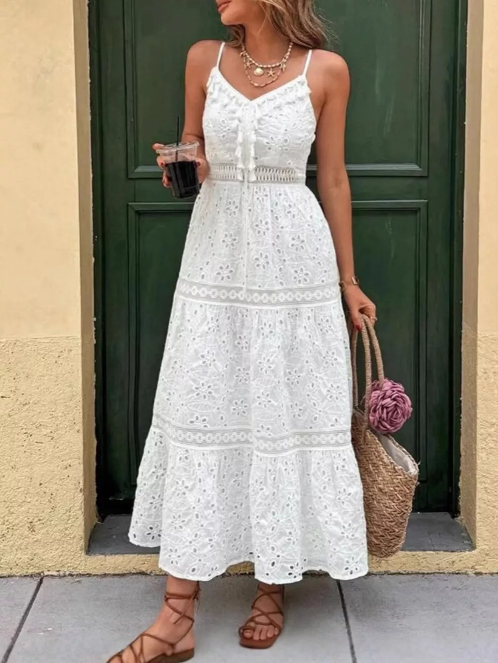 Eyelet Embroidered Cami Dress with Tassel Detail, image 4