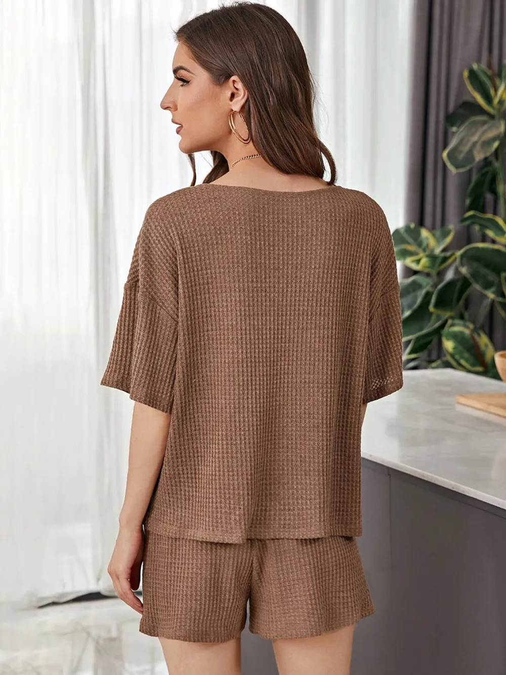 Full Size Waffle-Knit Dropped Shoulder Top and Shorts Set, image 11
