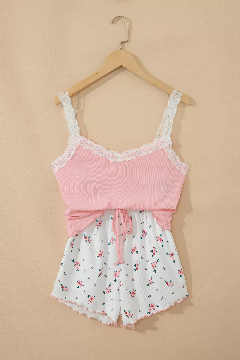 Ribbed Knit Lace Straps Patchwork Lettuce Hem Cropped Top Floral Short Lounge Set, image 4