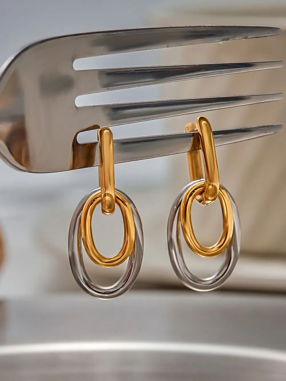 Stainless Steel Two-Tone Interlocked Hoop Earrings, image 4