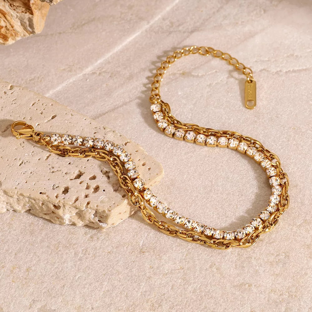 18K Gold-Plated Rhinestone Double Layered Bracelet, image 3