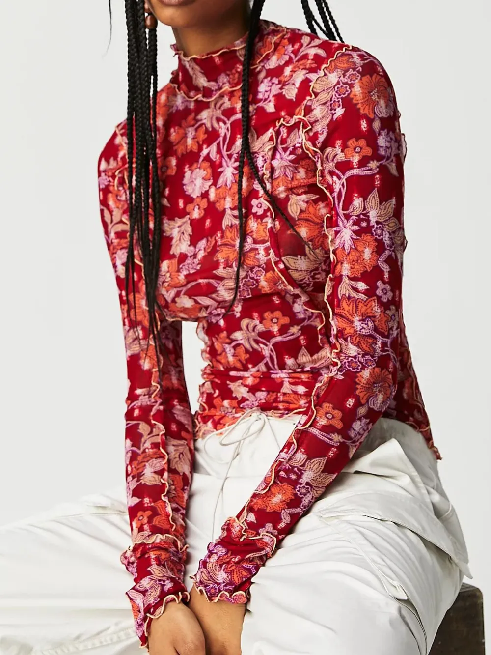 Floral Print Mock Neck Long Sleeve Top, image 5