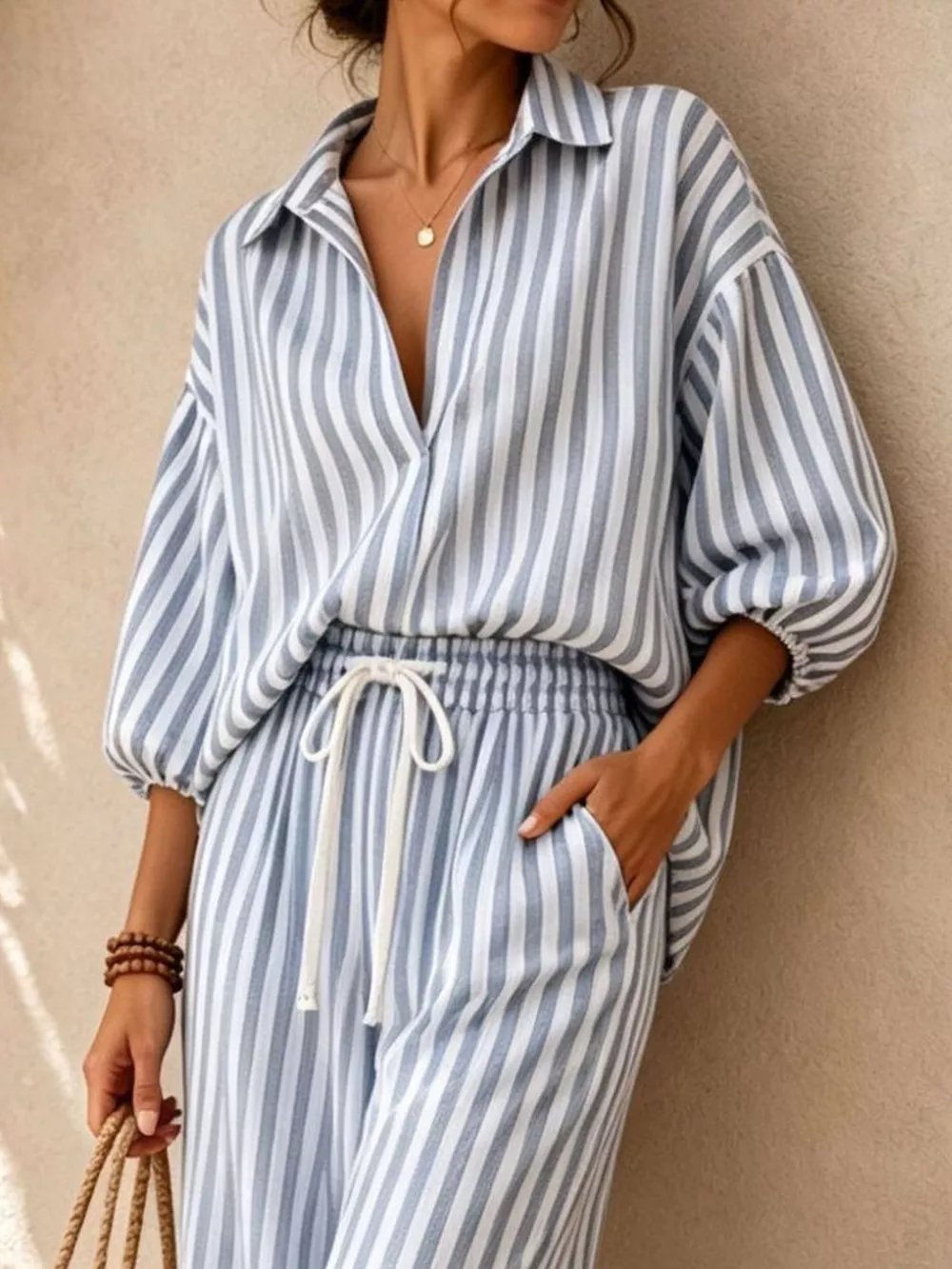 Striped Collared Shirt and Wide-Leg Drawstring Pants Set, image 7
