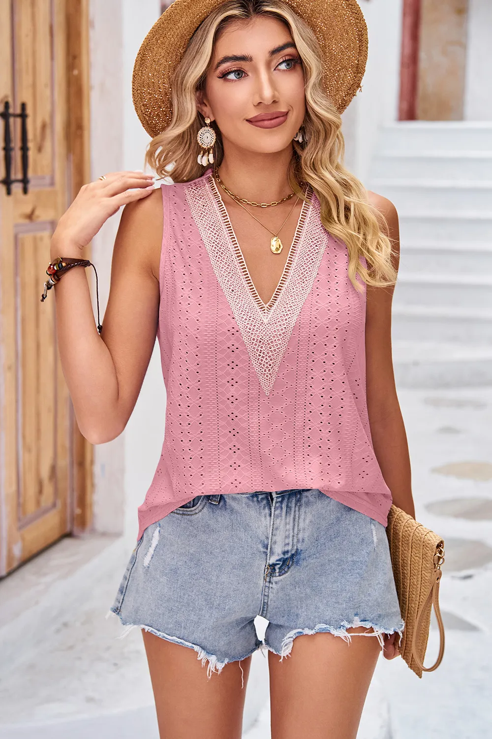 Eyelet V-Neck Wide Strap Tank, image 9