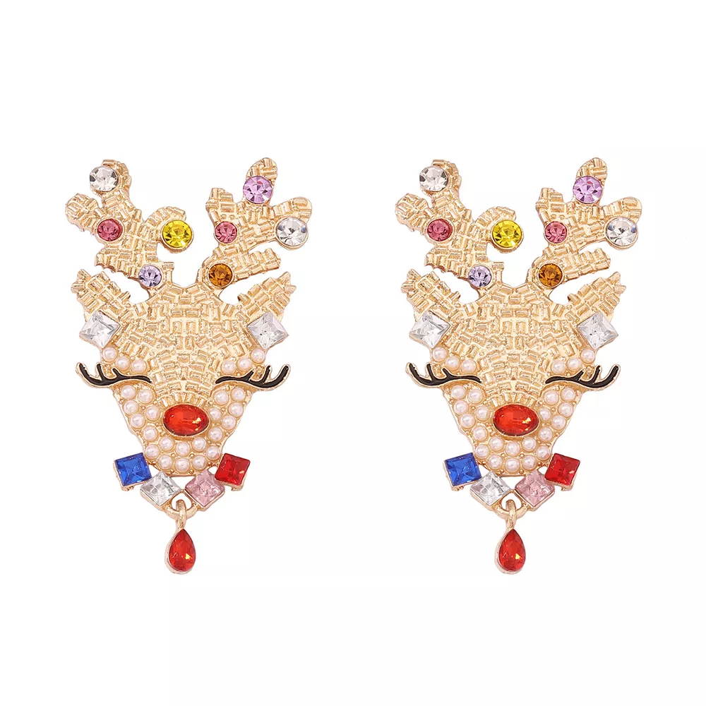 Christmas Reindeer Earrings with Colorful Rhinestones