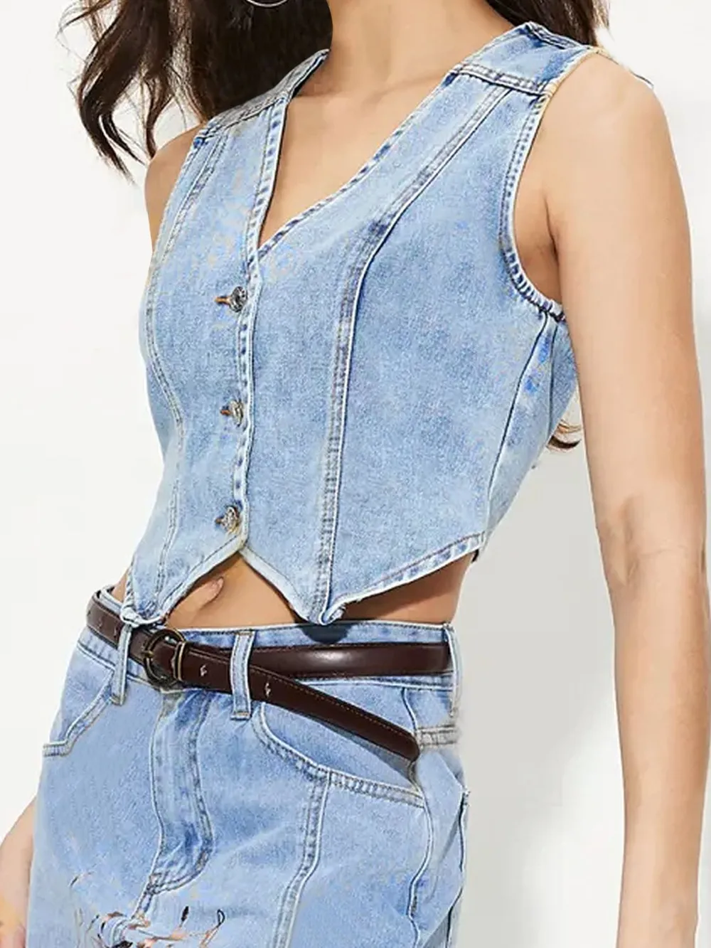 V-Neck Button Up Denim Vest, image 4
